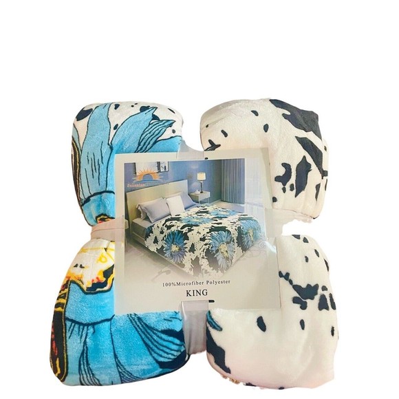 Worlds Softest King Size Comforter Cow Print Turquoise Sunflower Bull  Skull - Picture 2 of 2